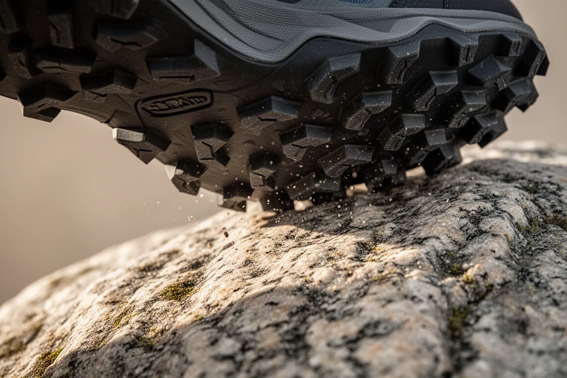 Close-up of deep-lugged rubber trail outsole gripping rock
