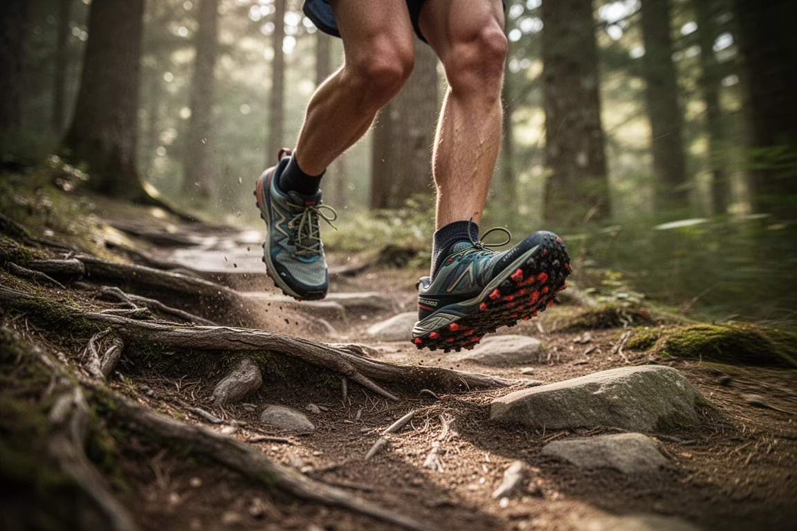 Runner's feet navigating technical rocky single-track