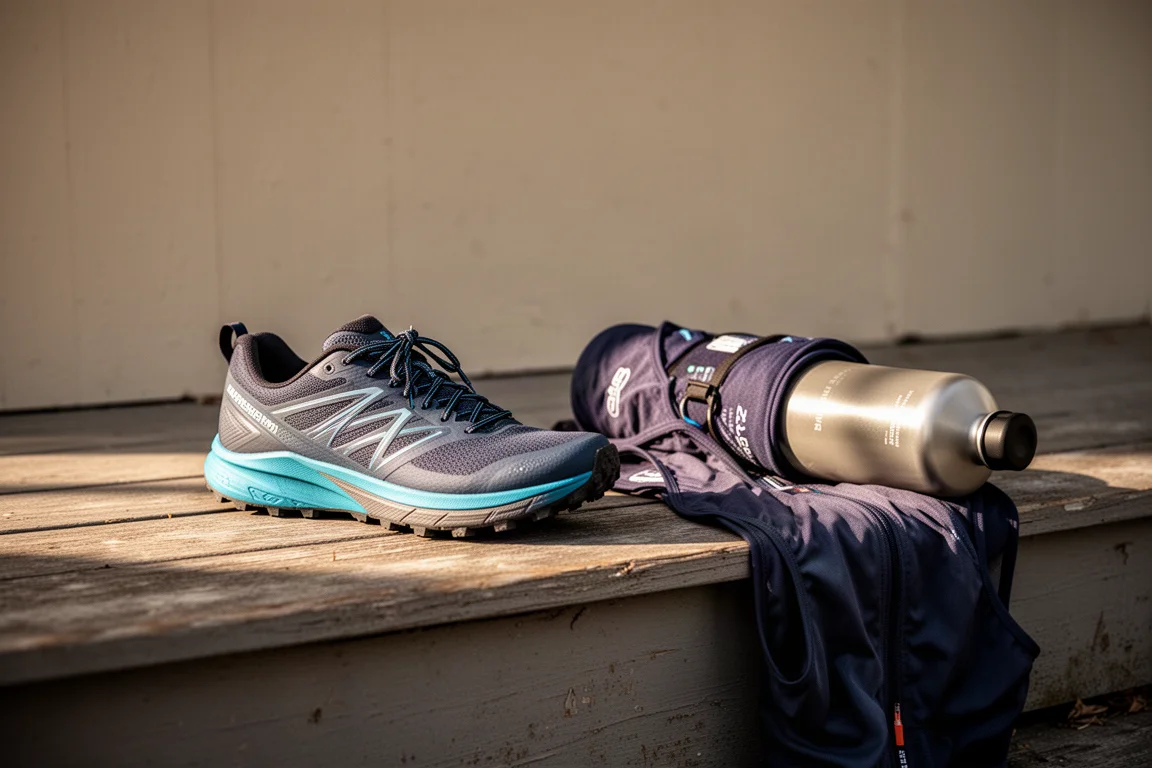 Trail shoe resting on a wooden porch after a run