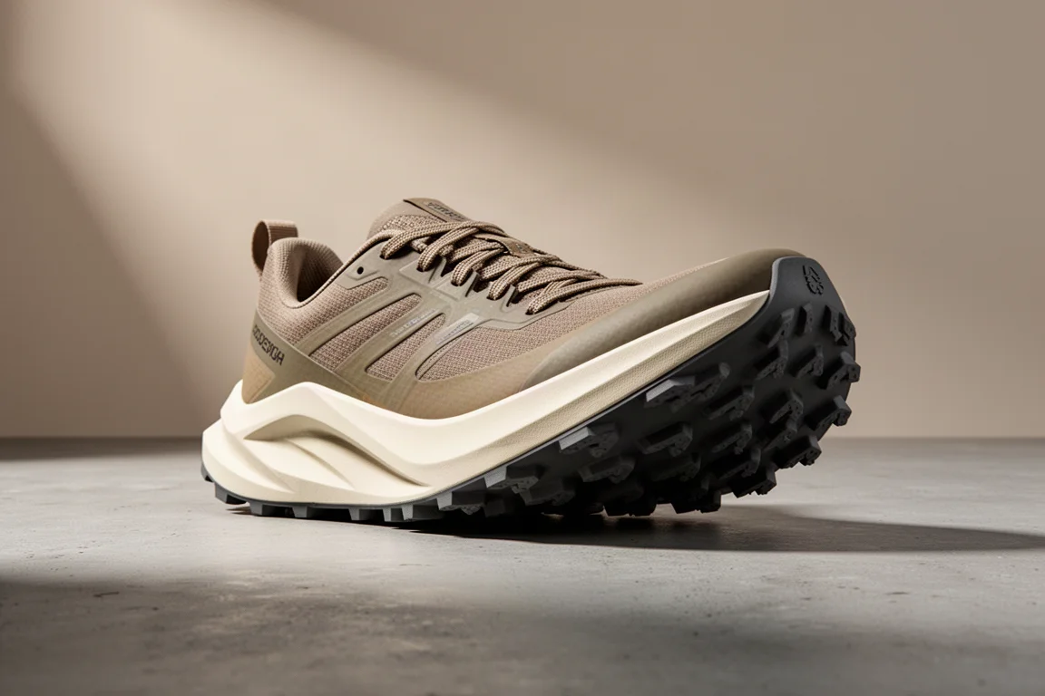Adidas Terrex Agravic SL 越野跑鞋，深齒大底置於混凝土表面