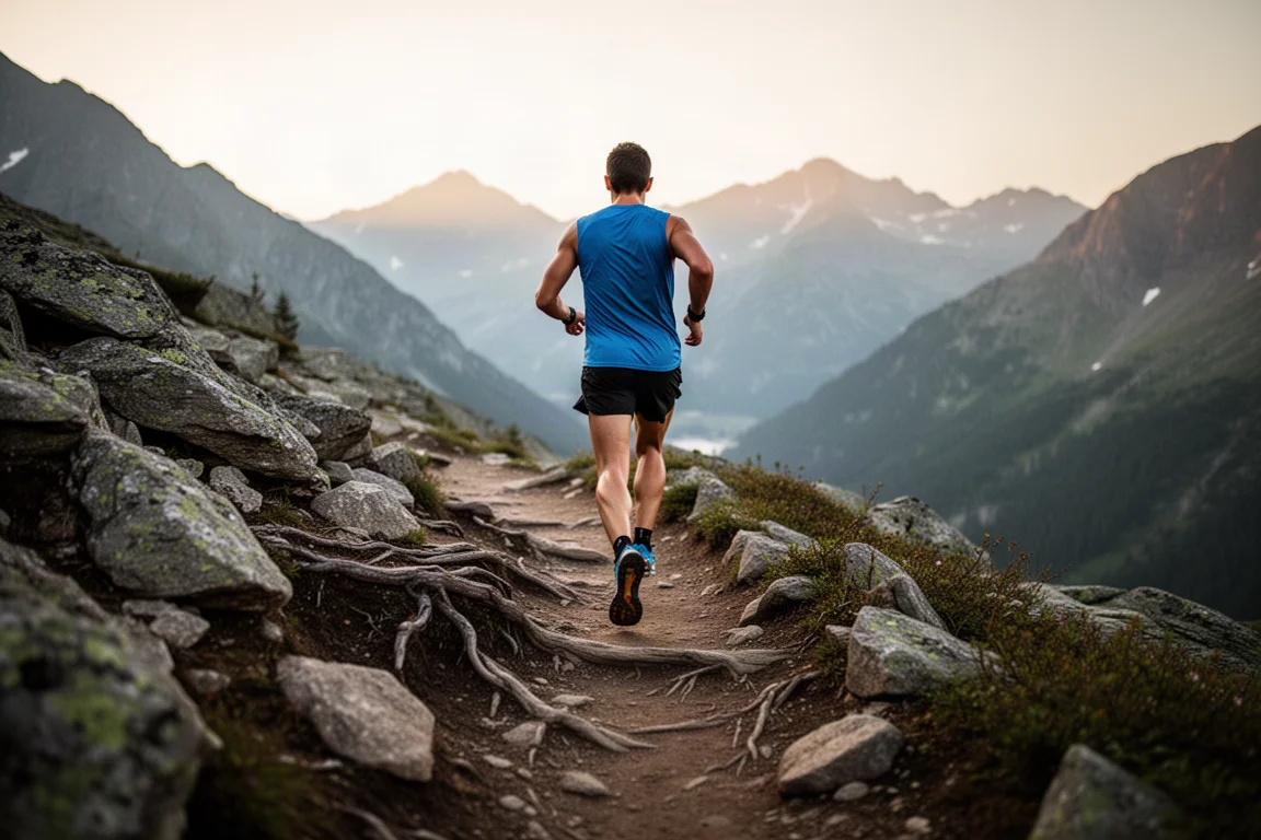 Trail runner in movimento su un sentiero di montagna stretto con terreno roccioso