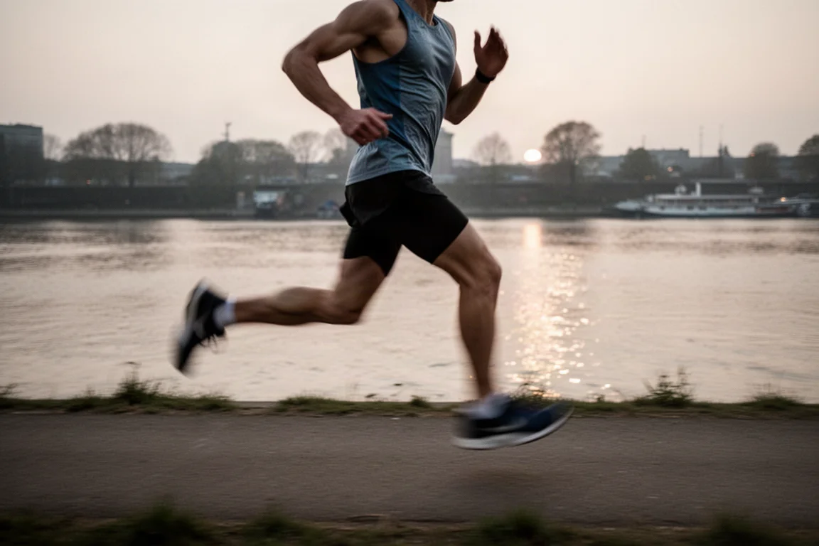 Runner che accelera su un sentiero pianeggiante lungo il fiume al tramonto