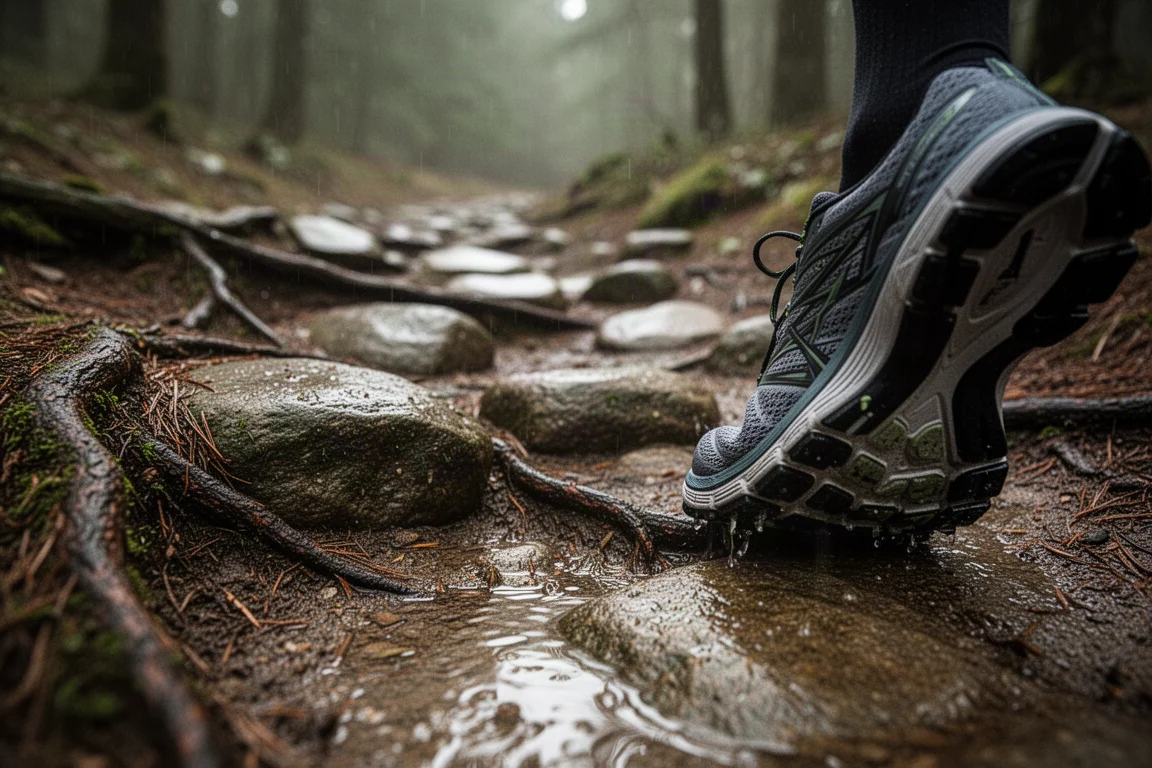 Sentiero roccioso bagnato con traction a tasselli corti su pietra scivolosa