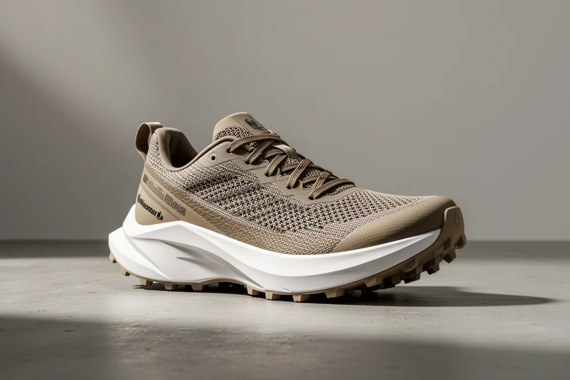 Scarpa da trail running Adidas Terrex Agravic Speed Ultra con intersuola bianca spessa su superficie in cemento