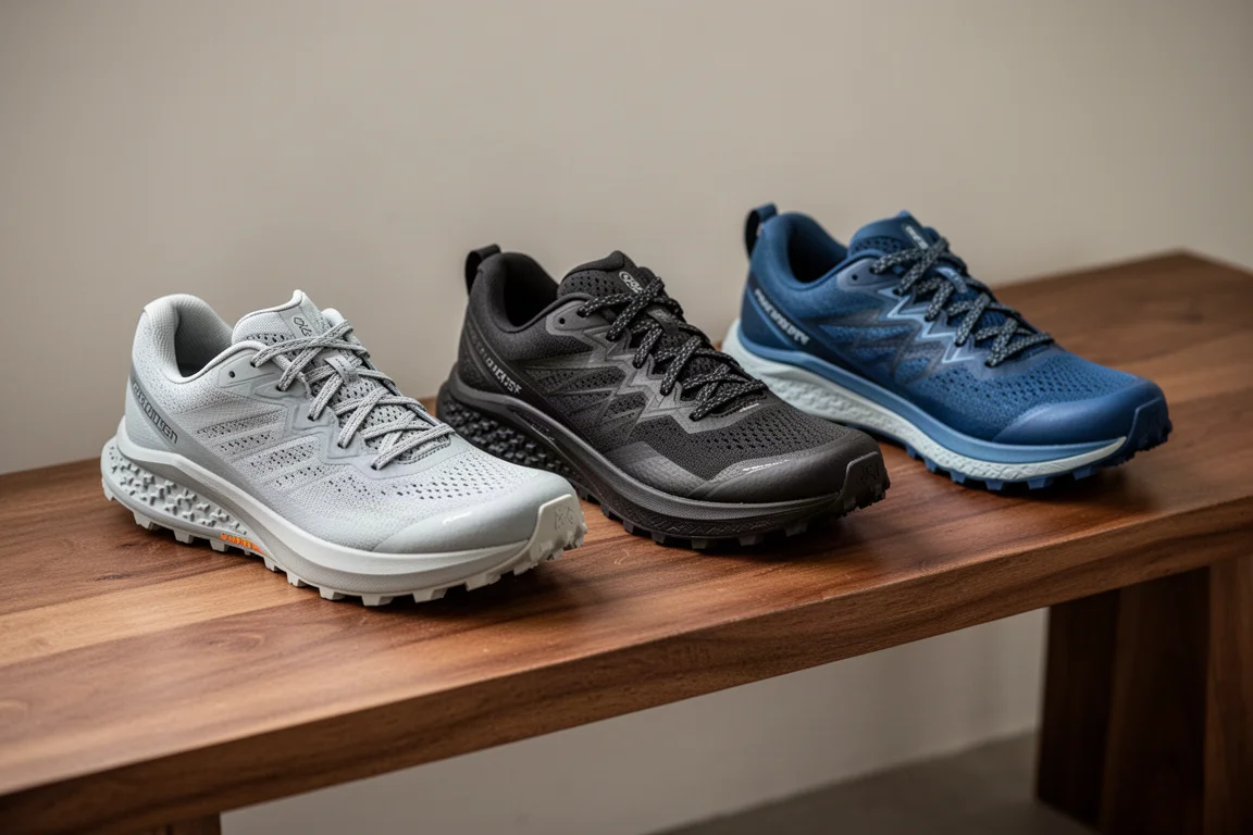 Drei Trailrunningschuhe in einer Reihe auf einer Holzbank