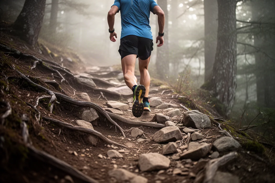 Trailrunner auf einem steilen, steinigen Singletrail-Abschnitt mit Wurzeln und unebenem Untergrund
