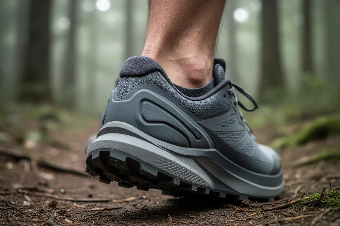 Feräne eines Läufers, gesichert durch eine strukturierte, gepolsterte Fersenkappe eines Trailschuhs