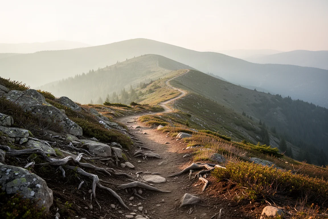 Langer, gewundener Bergtrail mit welligem Gelände und gemischtem steinigem Untergrund