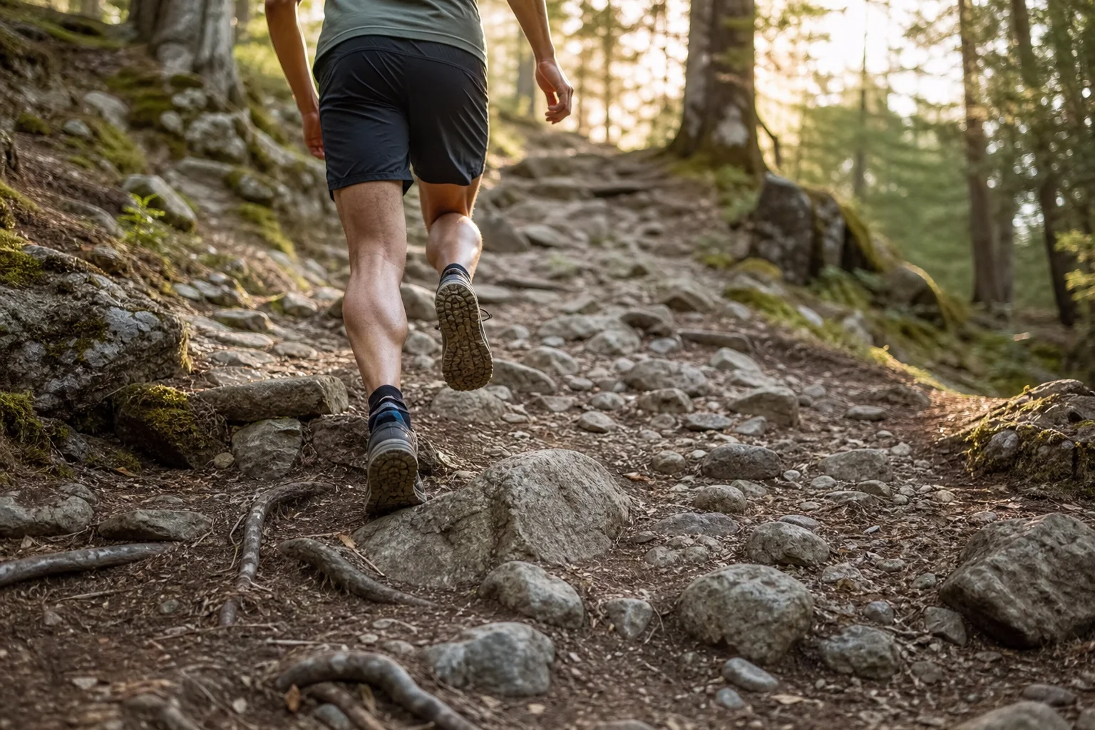 Trail runner navigating rocky, technical terrain with exposed roots and stones