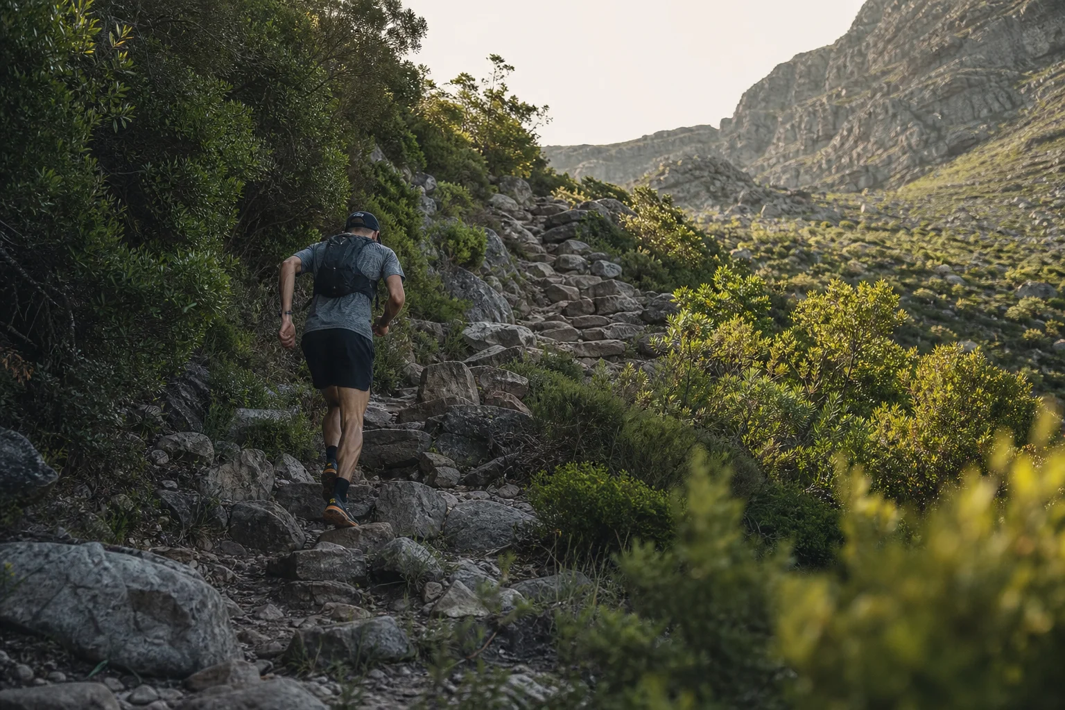 Trail runner ascending a steep, rocky hillside with switchbacks and technical footing