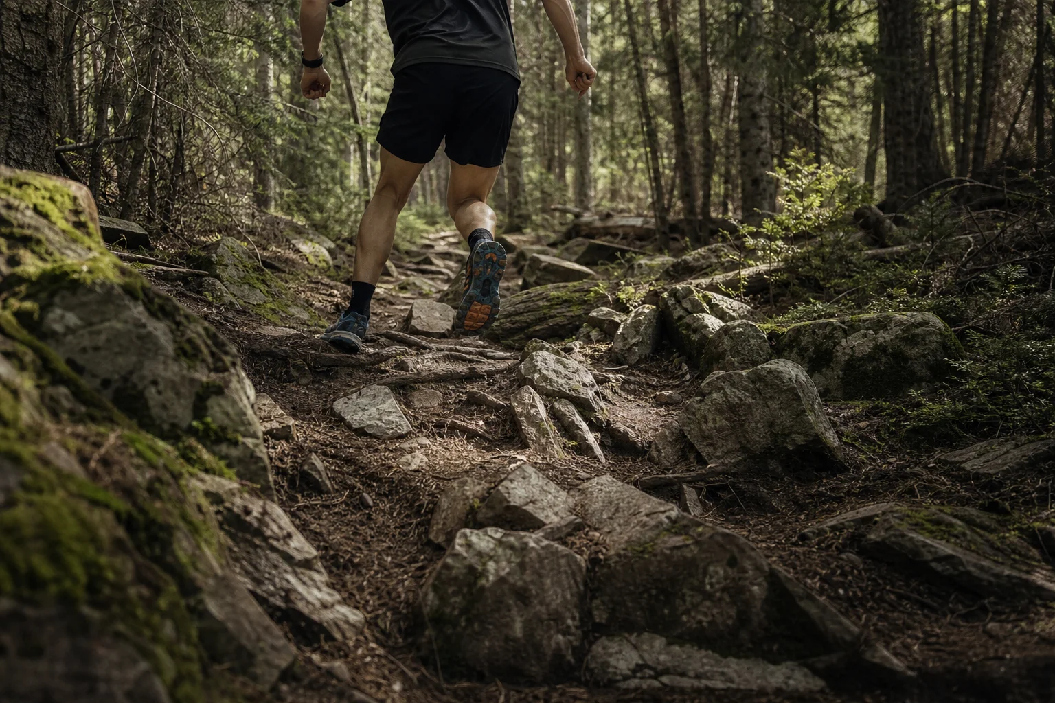 Trail runner descending through dense forest with rocky, uneven ground and natural obstacles
