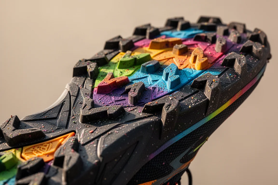 Gros plan sur des crampons agressifs de cinq millimètres recouverts de gomme collante sur la semelle