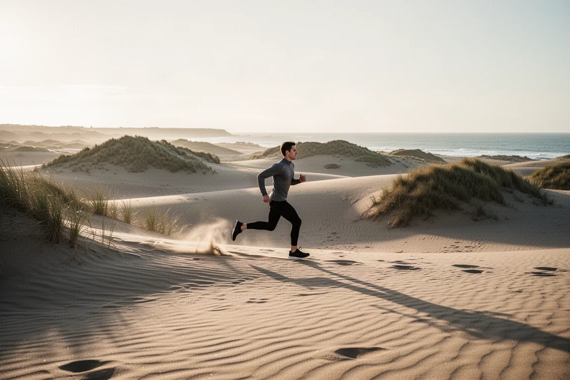 Coureur traversant des dunes de sable meuble aux reliefs, soleil du matin bas