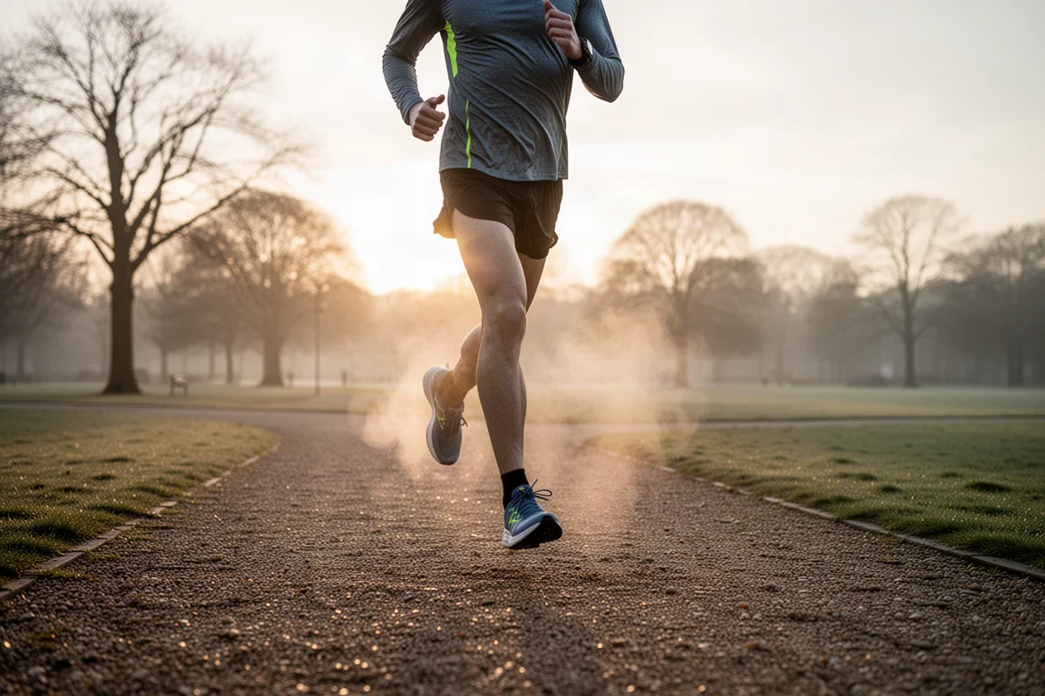Coureur terminant un running matinal sur chemins stabilisés à la lumière montante du soleil
