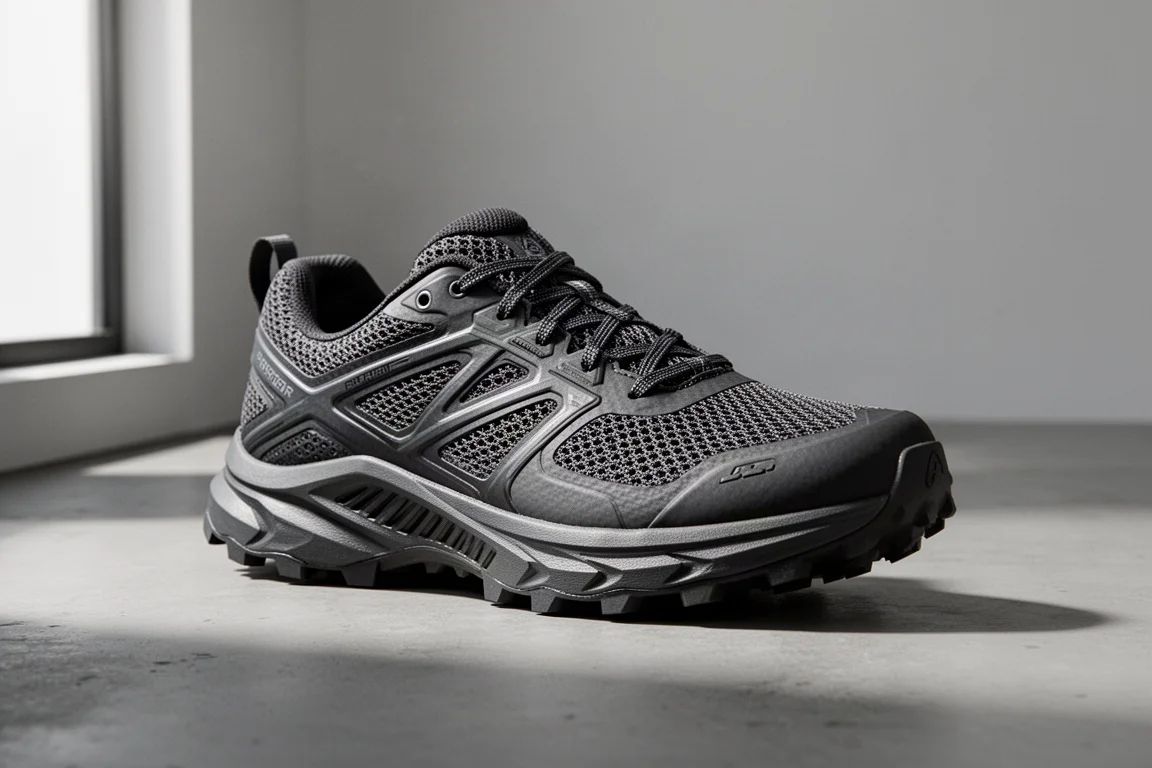 Adidas Terrex Agravic Ultra trail running shoe with colorful lug outsole on concrete