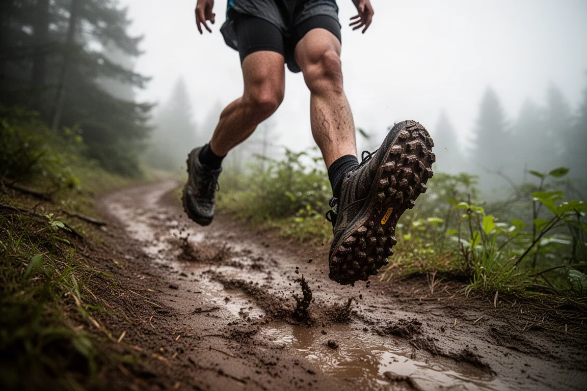 Trailrunner klettert bei bedecktem Himmel einen steilen, matschigen Singletrail hinauf