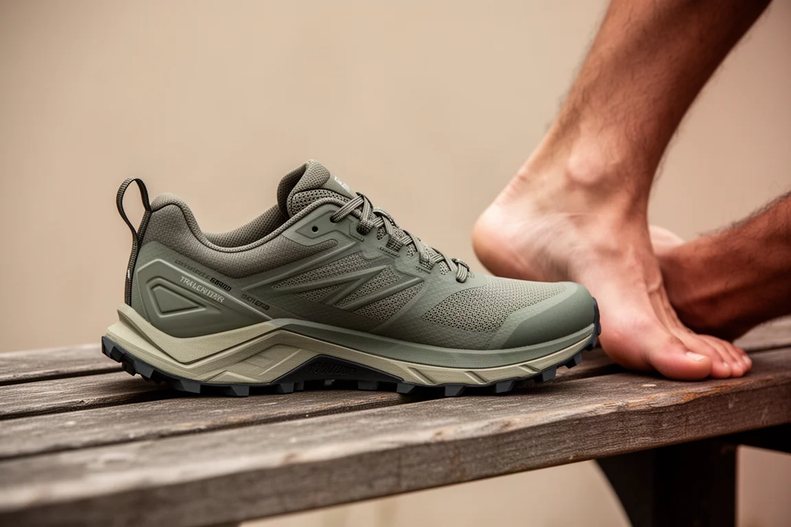 Knöchel eines Läufers ruht neben einem Trailrunning-Schuh mit steifem Fersenkragen