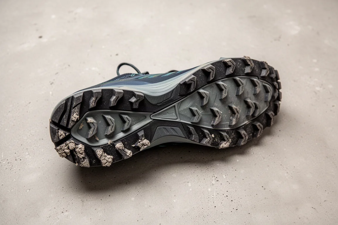 Außensohle eines Trailrunning-Schuhs zeigt Stollenabnutzung nach 100 Meilen