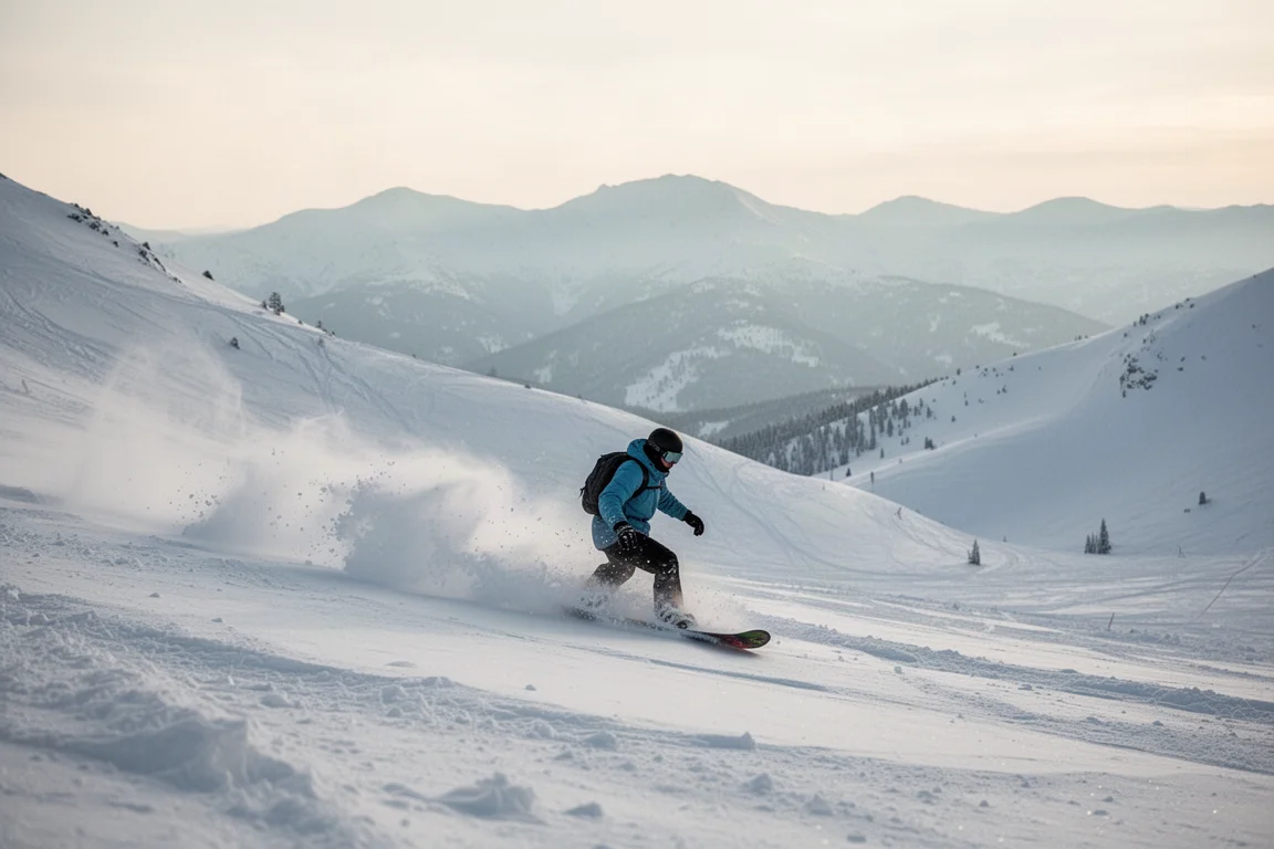 Snowboarder fährt durch tiefen Pulverschnee bei weichem Nachmittagslicht