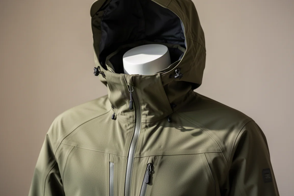 Nahaufnahme einer Snowjacke mit verstellbarer, helmtauglicher Kapuze