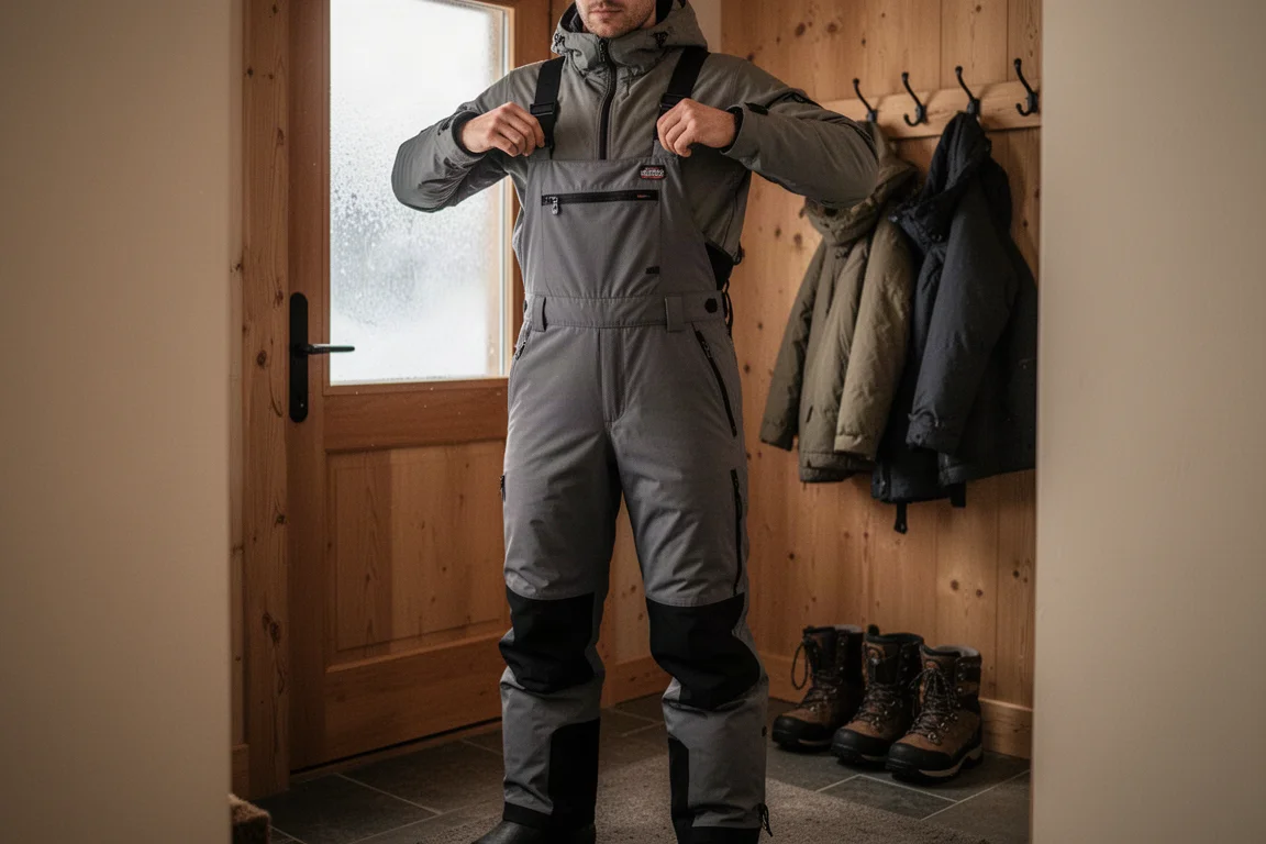 Fahrer stellt die Träger einer Bib Pant in verschneiter Lodge ein