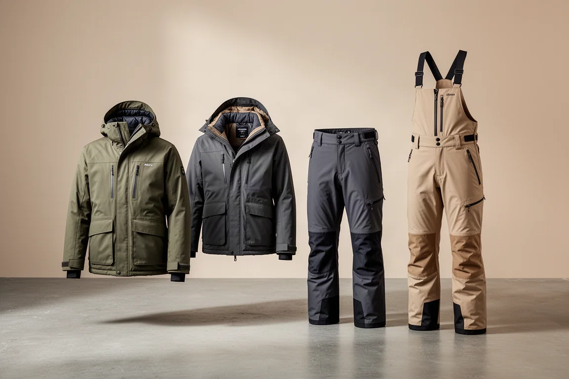 Quattro capi di abbigliamento da neve Adidas Terrex disposti su una superficie di cemento in studio