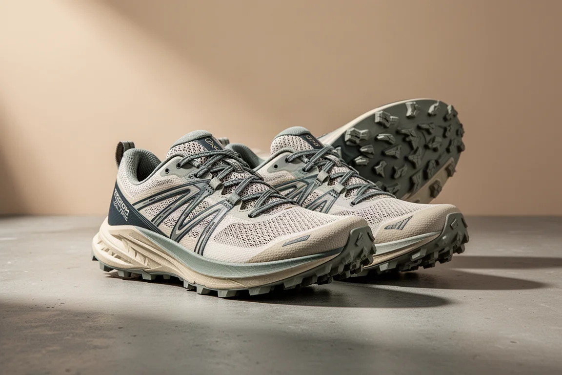 Paar Adidas Trax Graphic Speed Ultra 2 Trailrunningschuhe auf einer Betonoberfläche