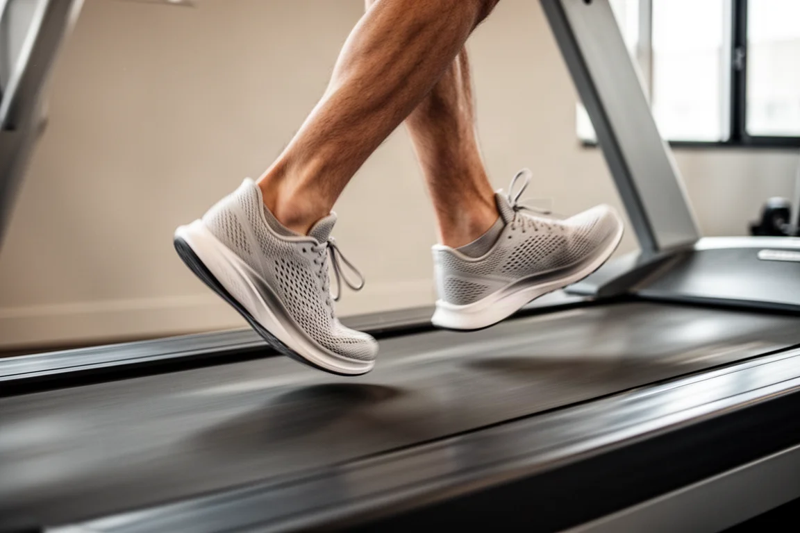 De voeten van een hardloper midden in een pas op een loopband in een moderne sportschool