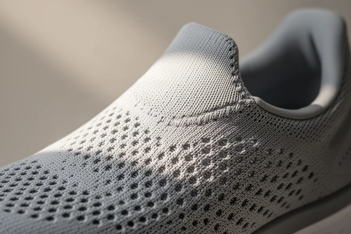 Close-up van een ademend open mesh upper van een hardloopschoen