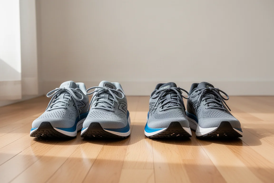 Twee paar hardloopschoenen naast elkaar op een lichte vloer