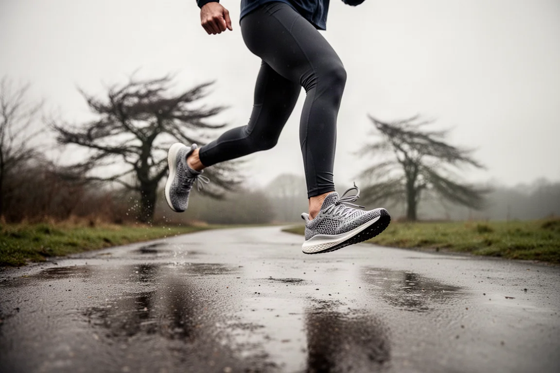 Runner in knit running shoes on a wet tarmac path under grey skies