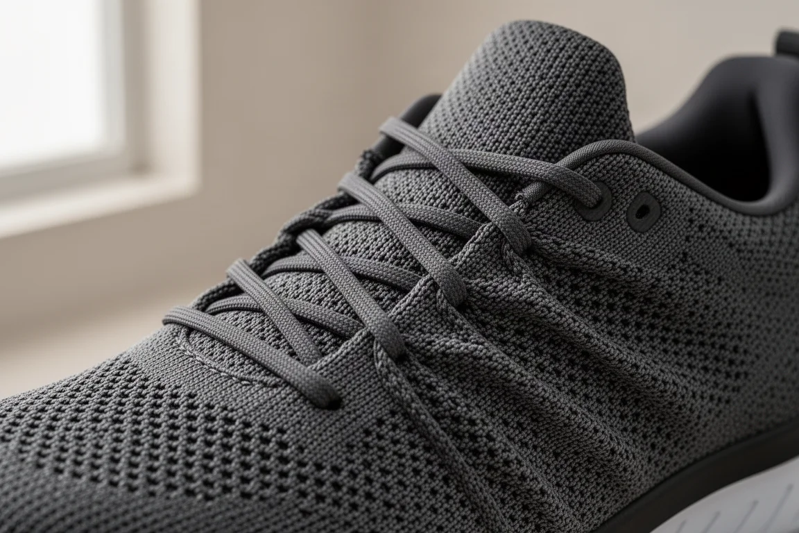 Close-up of a stretchy knit running shoe upper showing the lace pattern