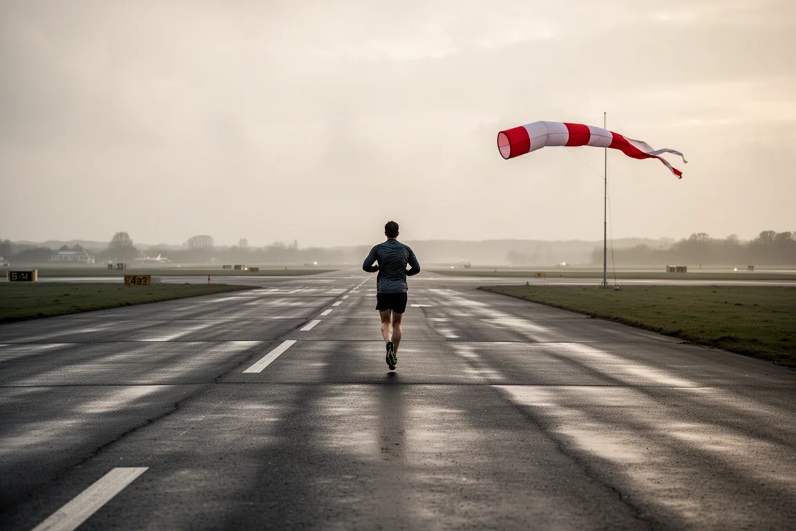 Runner training on an open tarmac road beside an airfield at dusk