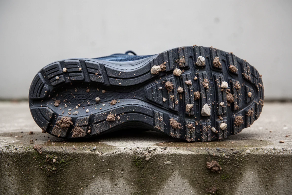 Mud and small stones caked into the deep grooves of a running shoe outsole