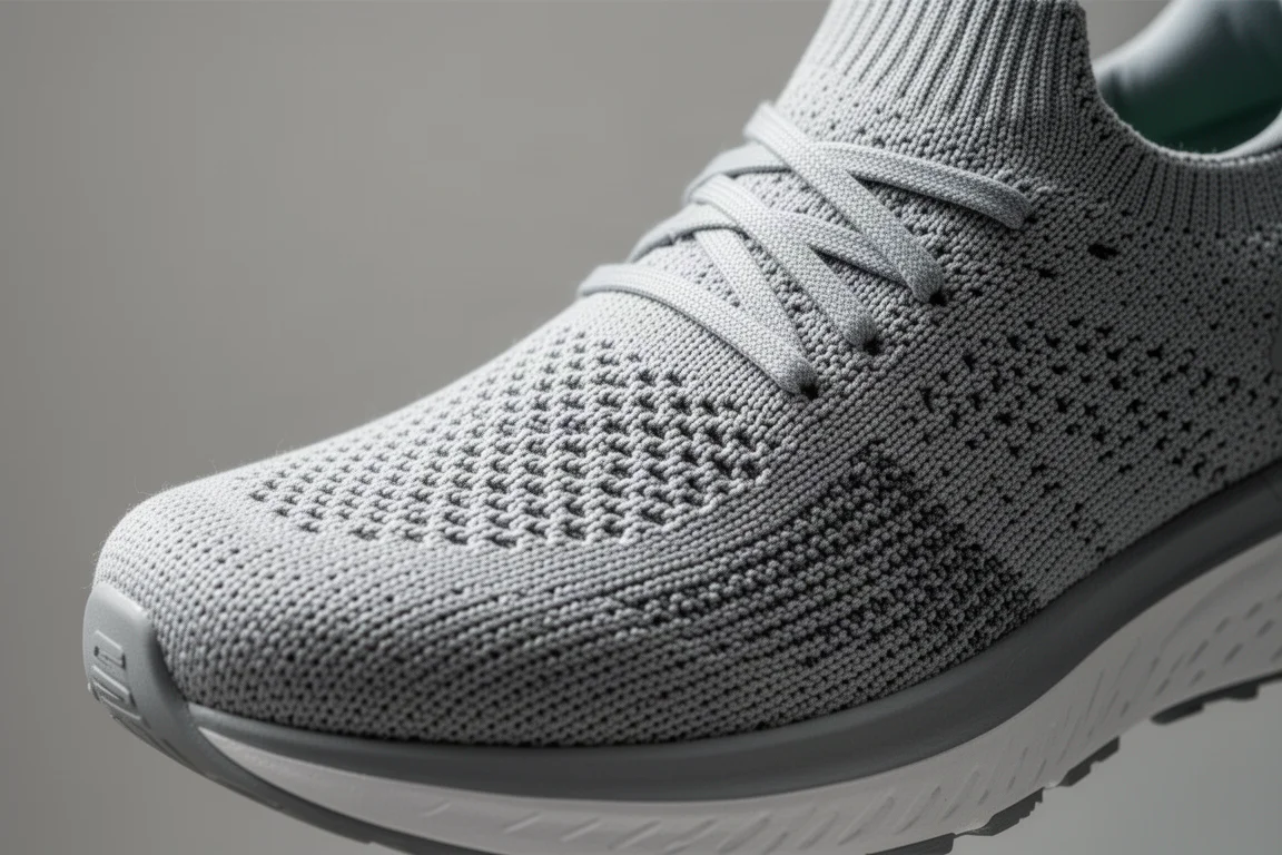 Upper in tessuto maglificio flessibile di una scarpa da running premuto con la mano per mostrare l'elasticità