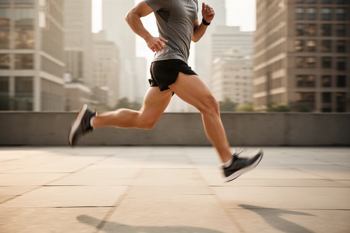 Runner in movimento lungo un marciapiede cittadino nella calda luce estiva