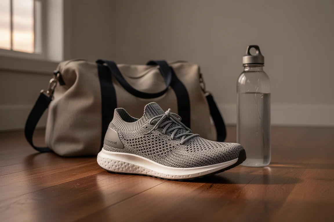 Scarpa da running appoggiata su un pavimento in legno accanto a una borsa da palestra nella morbida luce serale