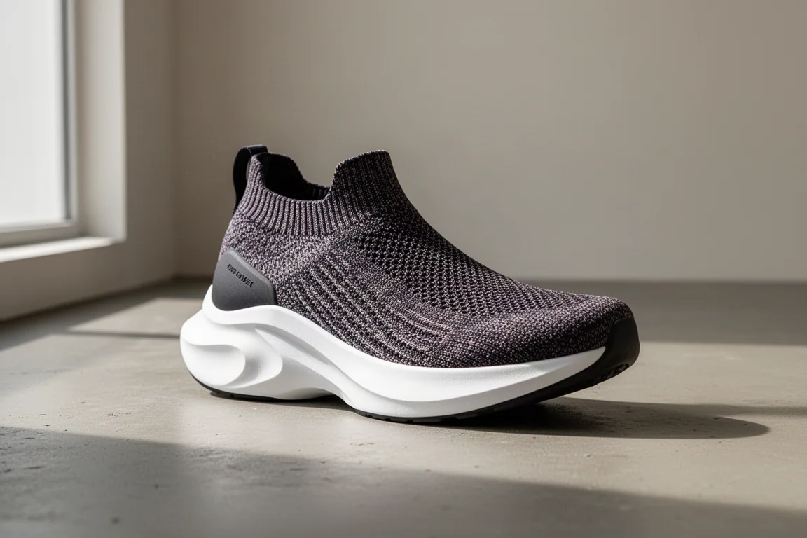 Adidas Ultra Boost 5 running shoe with knitted upper and thick foam midsole on concrete
