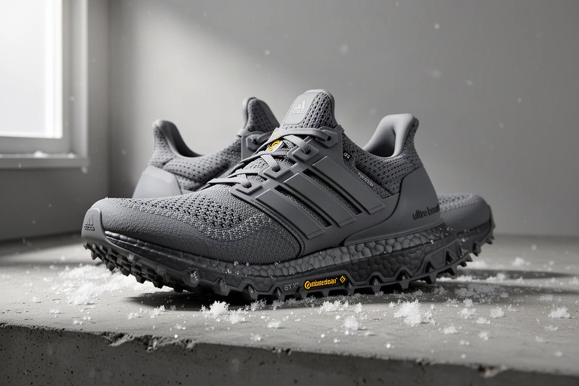 Charcoal grey winter running shoe with aggressive rubber outsole on snow-dusted concrete