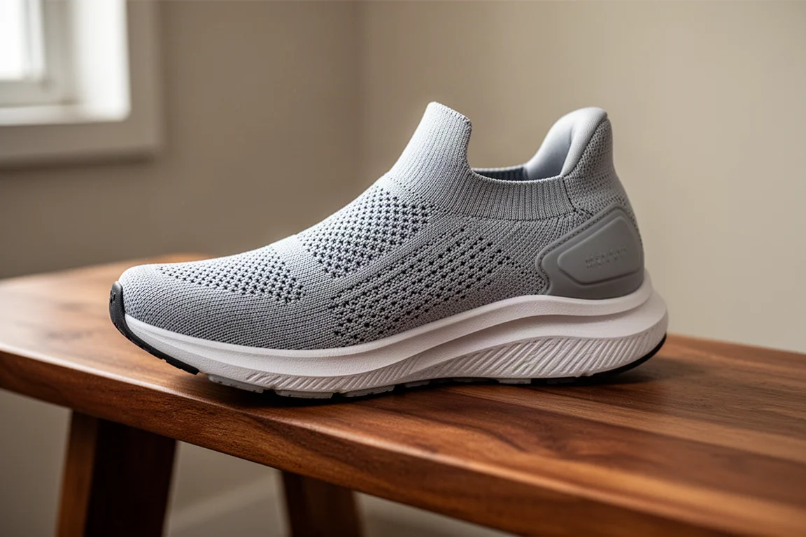 Gros plan sur le détail de la cage caoutchoutée sur le côté d'une chaussure de running