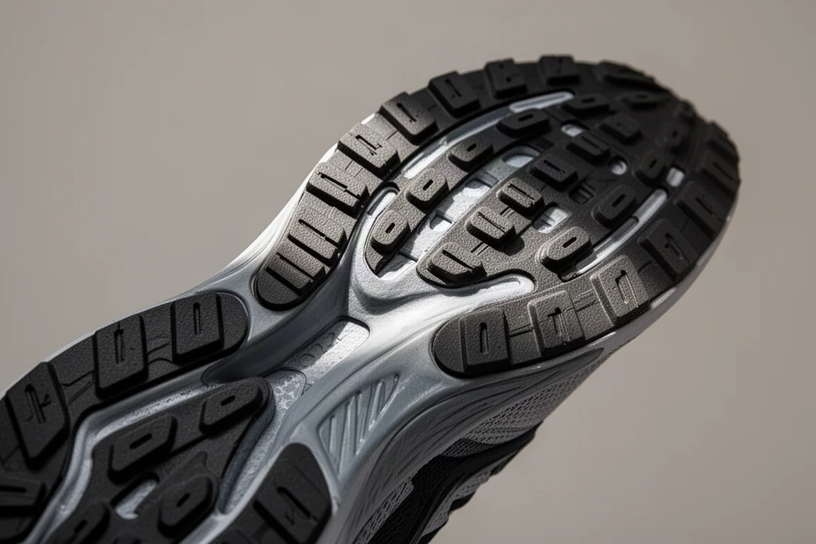 Détail d'une bande réfléchissante sur le côté de la tige en maille d'une chaussure de running