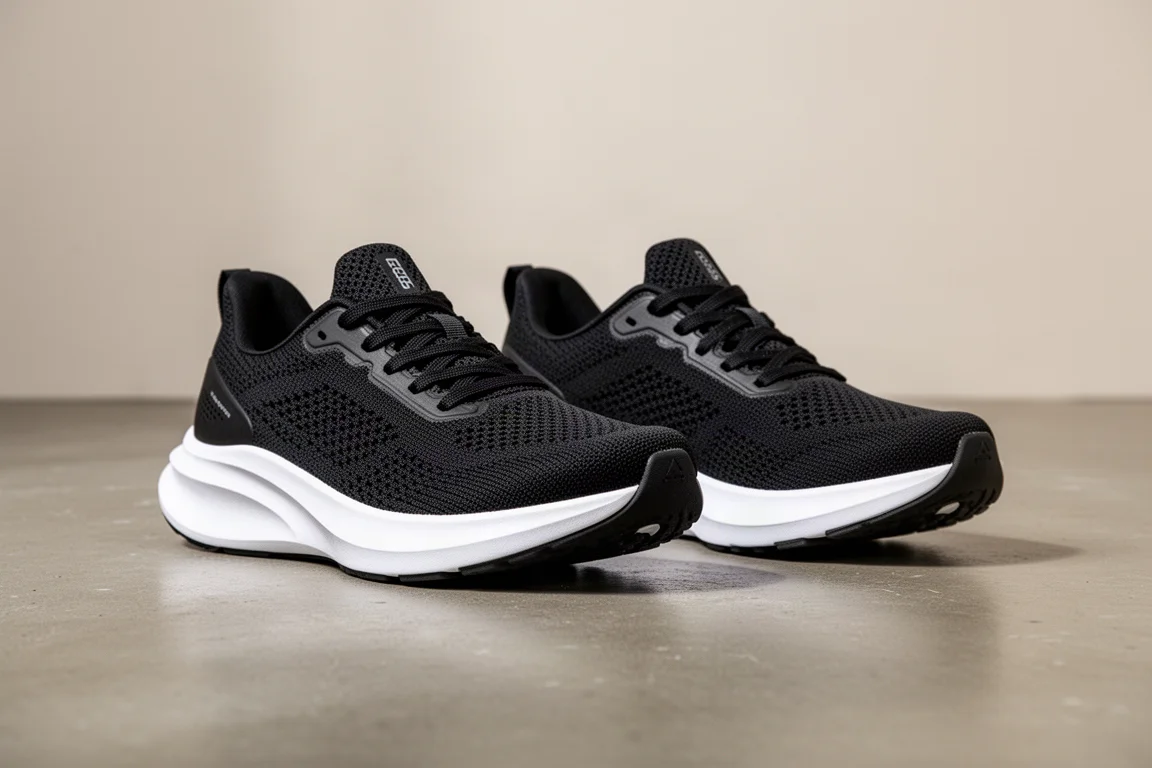 Chaussures de running portées en tenue décontractée sur un parquet en bois