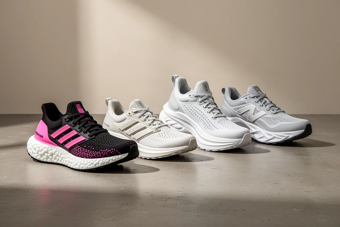 Four everyday running shoes lined up on a concrete surface