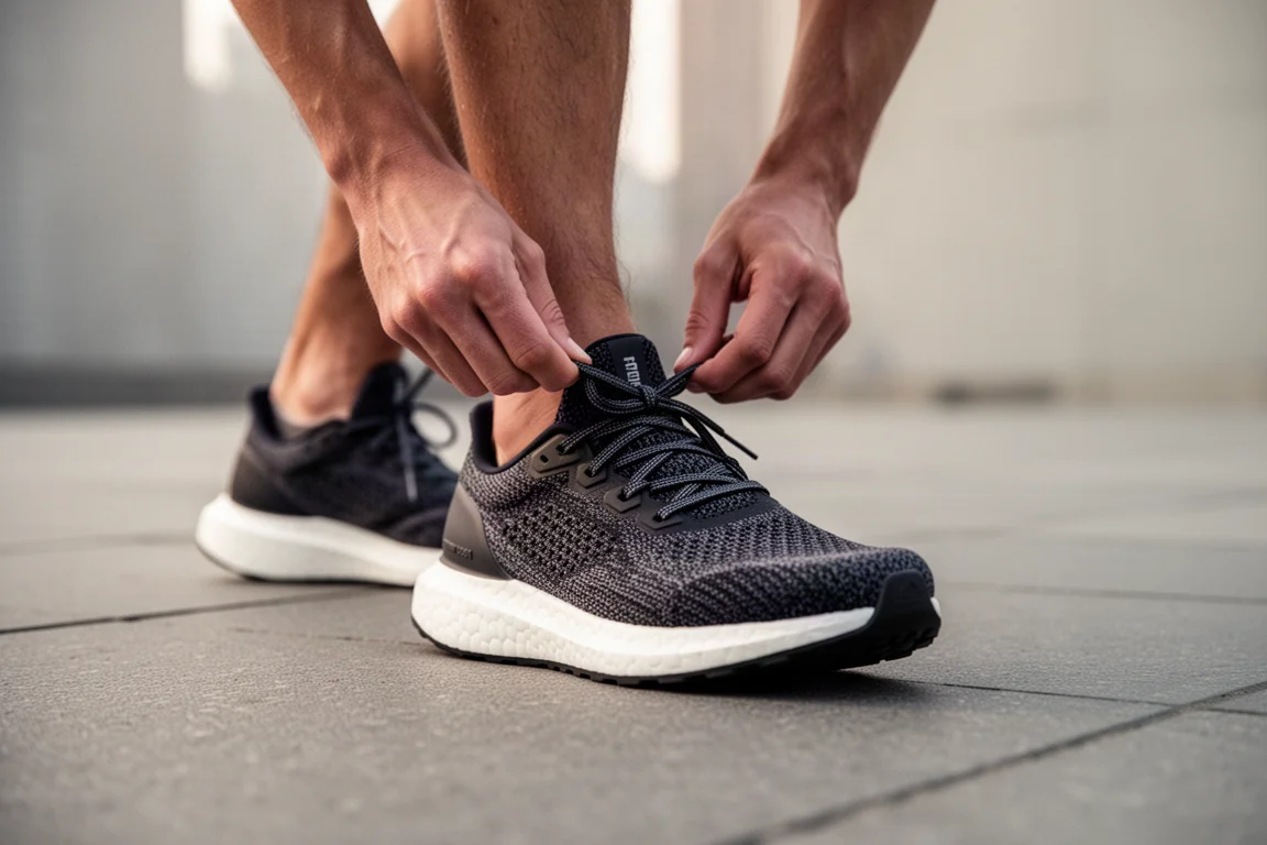 Runner tying the laces of a knit running shoe on a city pavement at dawn