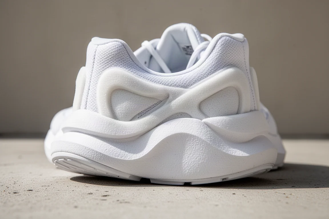 Close-up of a sculpted foam midsole with rounded heel and side walls