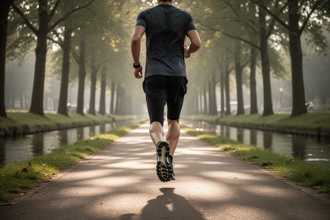Runner cruising along a tree-lined canal path in soft afternoon light