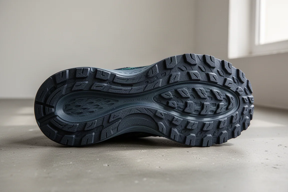 Detailed view of a durable rubber outsole tread pattern on concrete