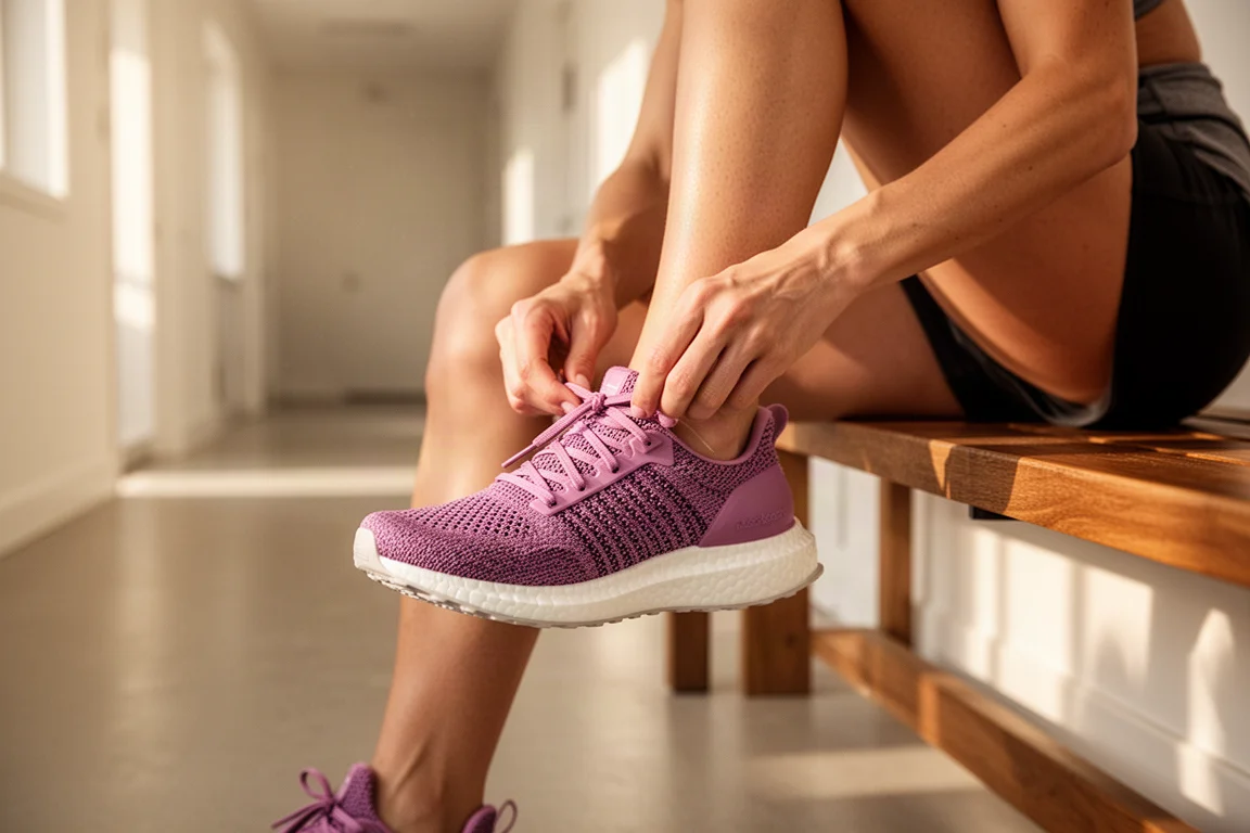 Mulher amarrando os cadarços de um tênis de corrida roxo de malha sob a luz suave da manhã