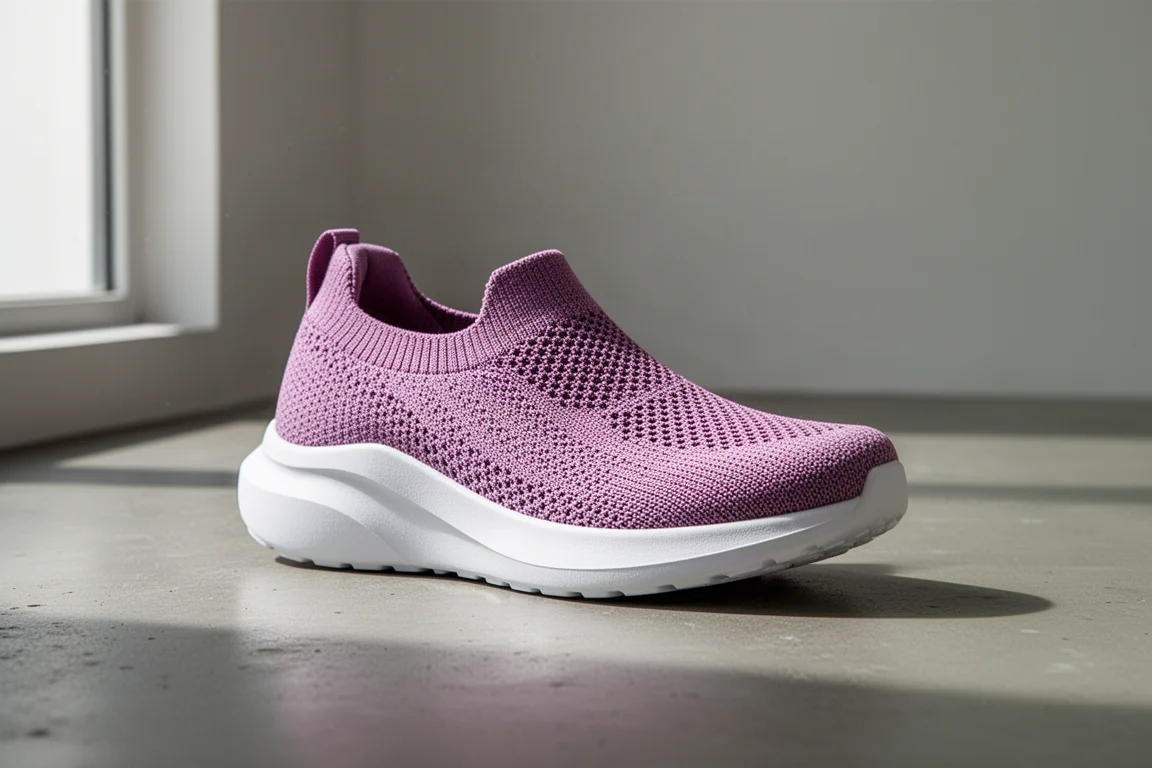 adidas Ultraboost 22 running shoe with pinky-purple knit upper on concrete