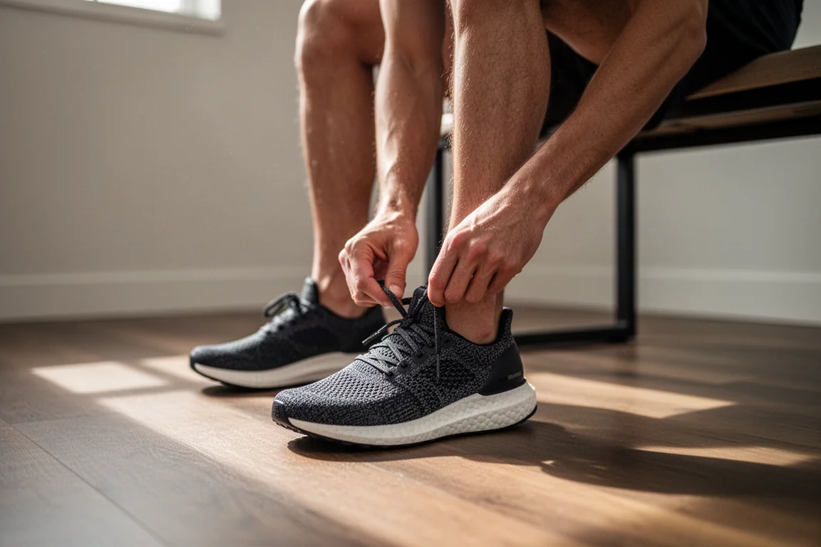 Corredor atándose los cordones de una zapatilla de running de punto sobre un suelo de madera